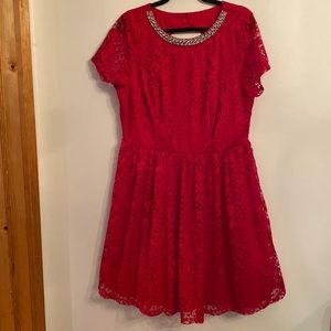 TRIXXI red lace dress w jeweled scoop neck and two button and zippered back